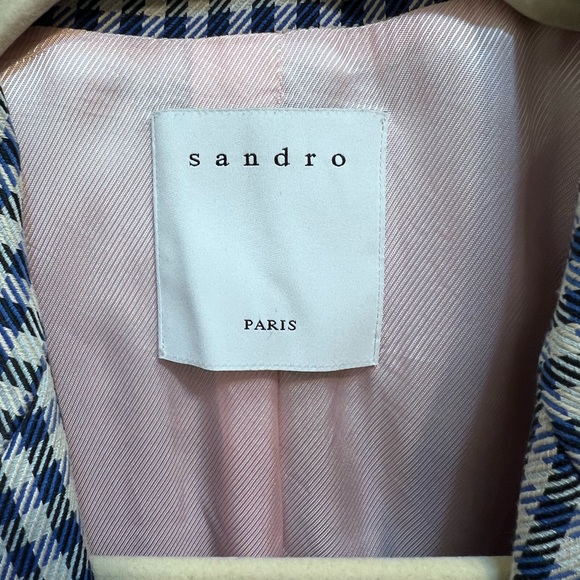 SANDRO Elia Mini Houndstooth Plaid Check Blazer Jacket Blue Gray Cotton Size 12 - Picture 9 of 12